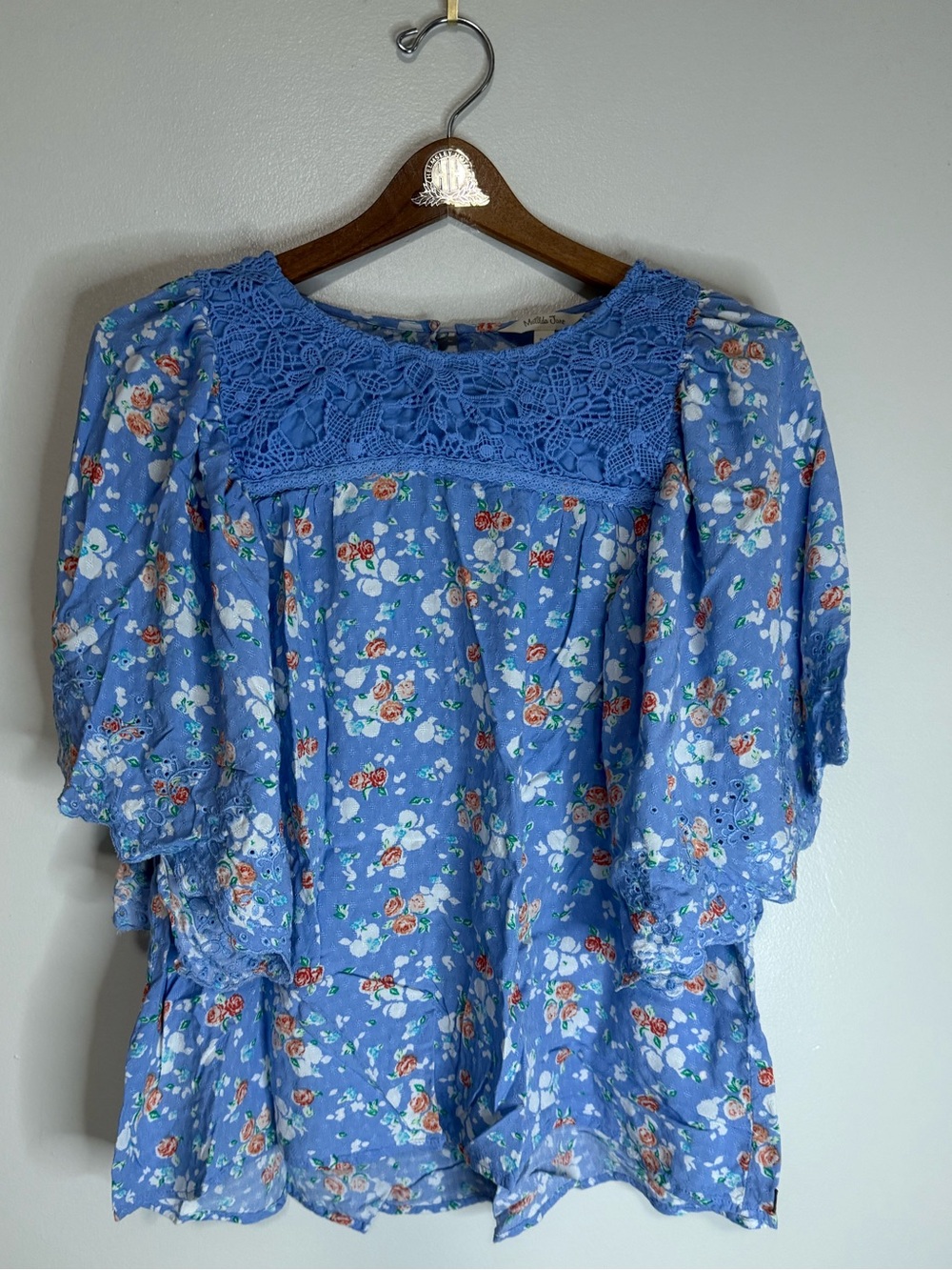 Matilda Jane Blue Floral Crochet-Yoke Blouse in size large